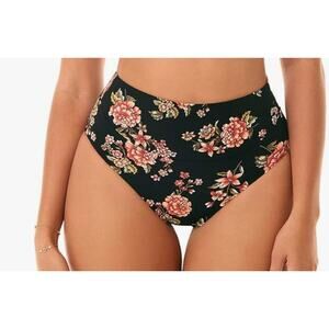 Skinny Dippers Women's High Waisted Bikini Bottom Black Floral Medium NWOT